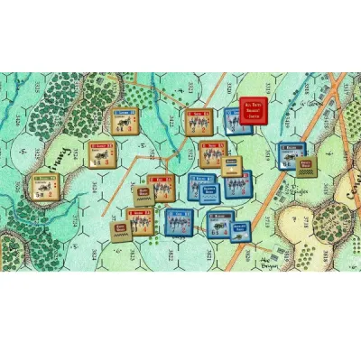 Gettysburg game map with hex grid, showing Union and Confederate units deployed along roads and terrain features.