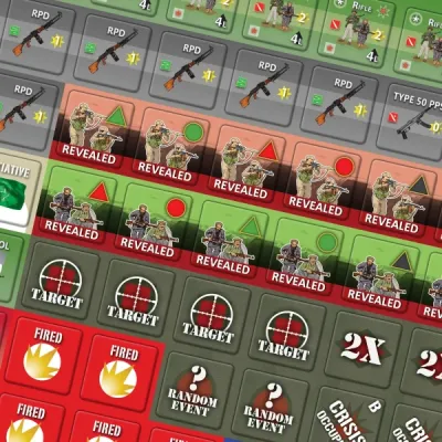 Afghanistan game counters showing RPD weapons, revealed enemy units, target markers, fired markers, and random event tiles.