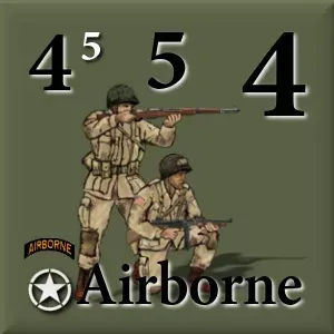 WWII U.S. Airborne unit counter showing two paratroopers with rifles and combat values on a green background.