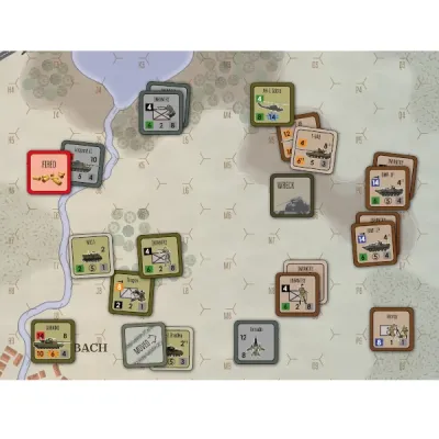 Hex map with modern units, tanks, infantry, helicopter, wreck marker, and fired marker near river terrain.