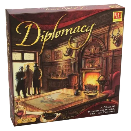 Diplomacy 2022 Version strategy board game box with negotiation room and Europe map artwork.