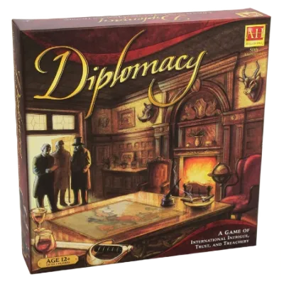 Diplomacy 2022 Version strategy board game box with negotiation room and Europe map artwork.