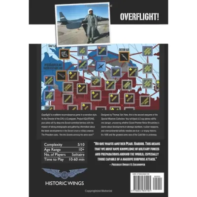 Overflight! back cover showing Cold War reconnaissance map, mission details and game information.