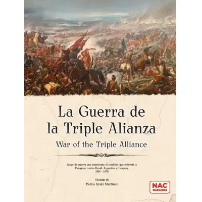 War of the Triple Alliance cover with 19th-century South American battle painting and bilingual title.