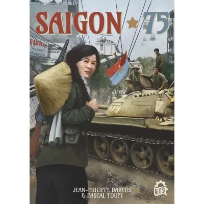 Saigon 75 wargame cover with civilians, troops, tank, and helicopters during the fall of Saigon.