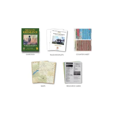 Components for Highway to the Kremlin II, including box, rule booklets, counters, maps, and resource cards.