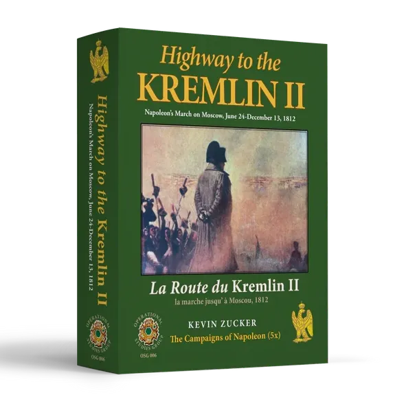 Box cover of Highway to the Kremlin II, showing Napoleon and soldiers on a green OSG game box.