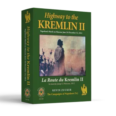 Box cover of Highway to the Kremlin II, showing Napoleon and soldiers on a green OSG game box.