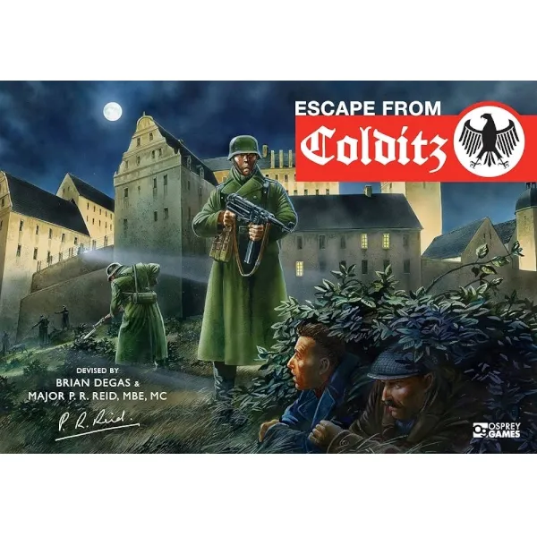 Escape from Colditz cover with Allied prisoners hiding near Colditz Castle under German guard.
