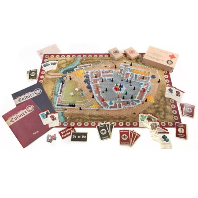 Escape from Colditz board game components with castle board, wooden pieces, cards, booklets, and dice.