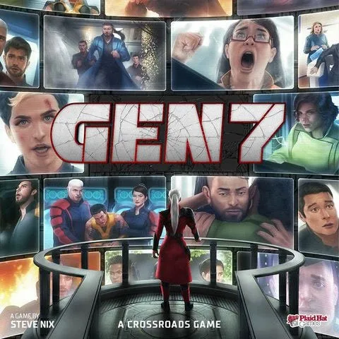 Gen7: A Crossroads Game box front with colony ship crew portraits and a central figure facing wall screens.