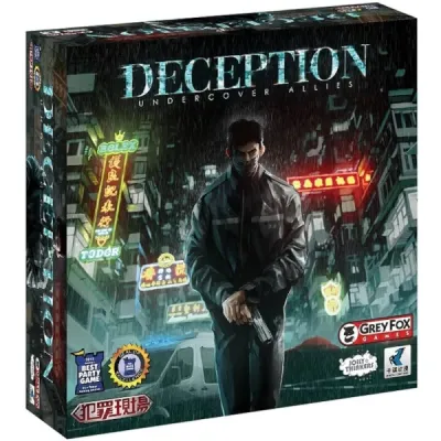 Deception: Undercover Allies expansion box front with masked figure in rainy city street.
