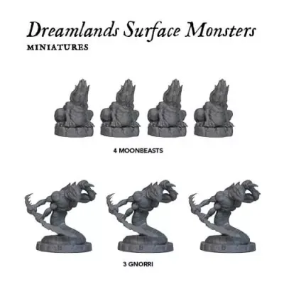 Cthulhu Wars Dreamlands Surface Monster Pack miniatures showing four Moonbeasts and three Gnorri.