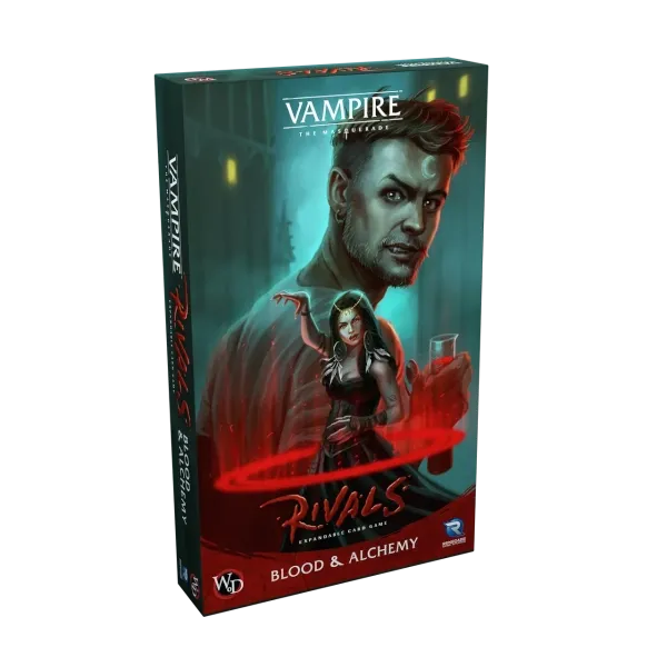 Vampire The Masquerade Rivals Blood &amp; Alchemy box front showing Tremere and Thin-blood vampire characters.