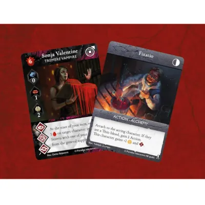 Vampire Rivals Blood &amp; Alchemy card examples showing Sonja Valentine and Fixatio alchemy card.