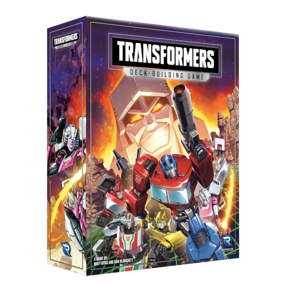 Transformers Deck-Building Game box front showing Optimus Prime, Autobots, and Decepticon artwork.