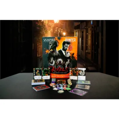 Vampire Rivals The Hunters &amp; The Hunted contents with core box, cards, tokens, decks, and dividers.