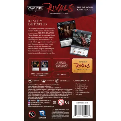 Vampire: The Masquerade – Rivals: The Dragon &amp; The Rogue box back showing cards and expansion contents.