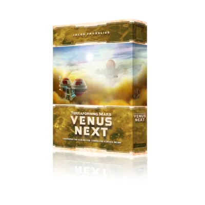 Terraforming Mars Venus Next box front showing floating colonies above the clouds of Venus.