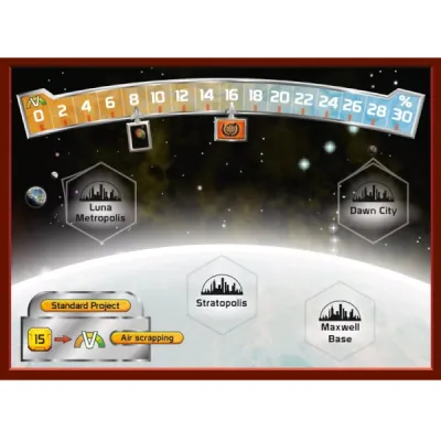Terraforming Mars Venus Next Venus board with terraforming track, milestones, awards, and Air Scrapping project.