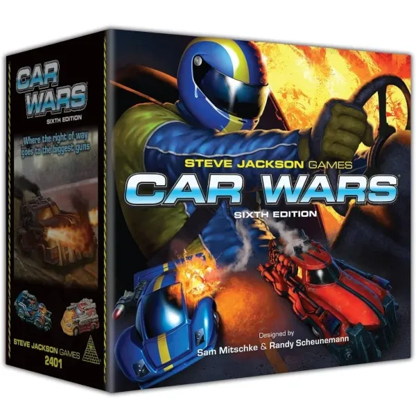 Car Wars Sixth Edition Core Set box front with armed cars, explosions, and a futuristic driver.