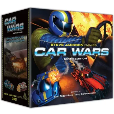 Car Wars: Sixth Edition – Core Set Car Wars Sixth Edition Core Set box front with armed cars, explosions, and a futuristic driver.