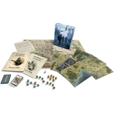 Twilight: 2000 Core Box contents with rulebooks, travel map, battle maps, dice, cards and tokens.