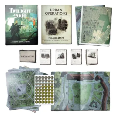 Twilight: 2000 – Urban Operations contents with book, maps, encounter cards, counters and modular battle maps.