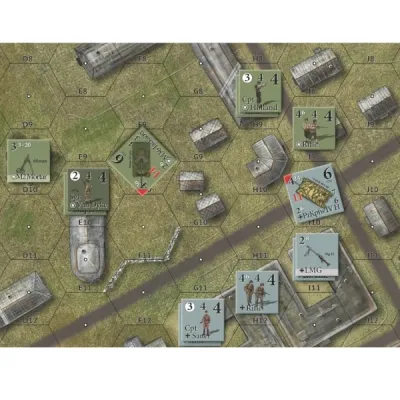 Western Front hex map with U.S. and German unit counters, buildings, roads, and infantry positions in urban terrain.