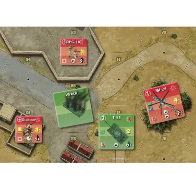 Afghanistan game map with hex grid, showing RPG team, T-55 tank, Mi-24 helicopter, and wreck marker counters.