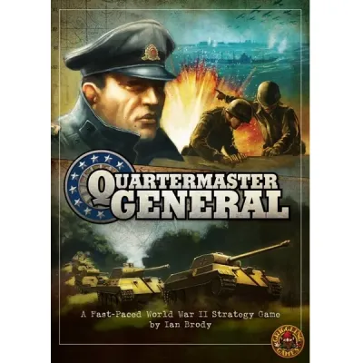 Quartermaster General box front with World War II officer, soldiers, explosions, and German tanks.