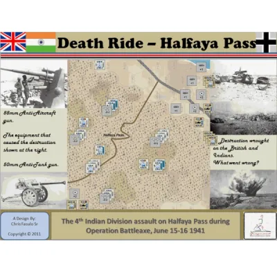 Box cover of Death Ride: Halfaya Pass, showing a desert battle map, counters, guns, and wrecks.