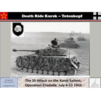 Box cover of Death Ride Kursk: Totenkopf, showing German tanks advancing during Operation Citadel.