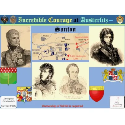 Incredible Courage at Austerlitz: Santon Box cover of Incredible Courage at Austerlitz: Santon, with commander portraits and battle map.