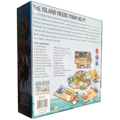 Spirit Island 11th Printing box back showing game overview, component list, island board, cards, and spirit panels.