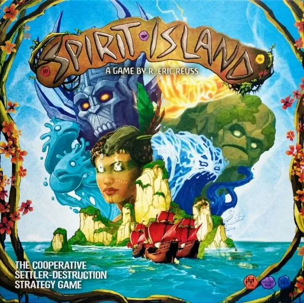 Spirit Island 11th Printing box front showing island spirits, ocean, lightning, fire, and an invading ship.
