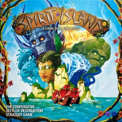 Spirit Island 11th Printing box front showing island spirits, ocean, lightning, fire, and an invading ship.