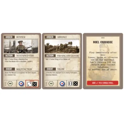 Great War Commander BEF card examples, showing British orders, events, and support cards.
