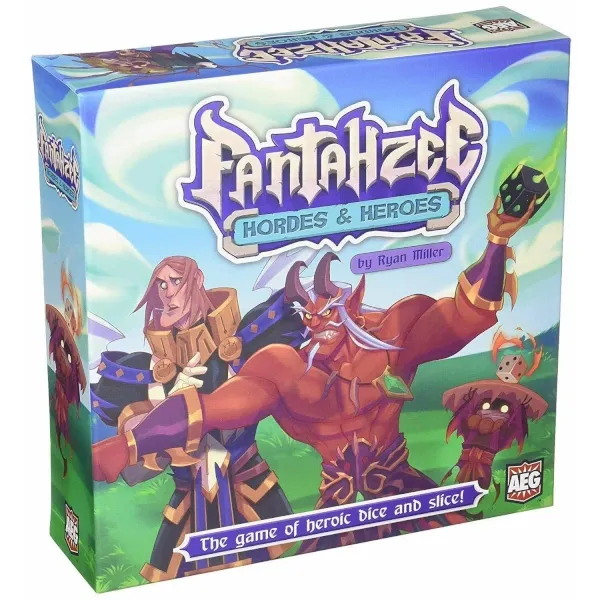 Fantahzee Hordes &amp; Heroes box front showing fantasy heroes, monsters, dice, and AEG branding.