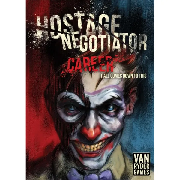 Hostage Negotiator Career box front showing a sinister clown face and Van Ryder Games branding.