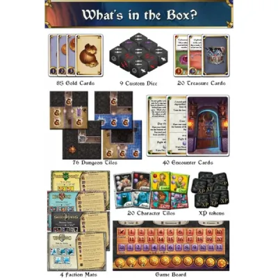 Delve components overview with dungeon tiles, gold cards, treasure cards, encounter cards, dice, mats, and tokens.