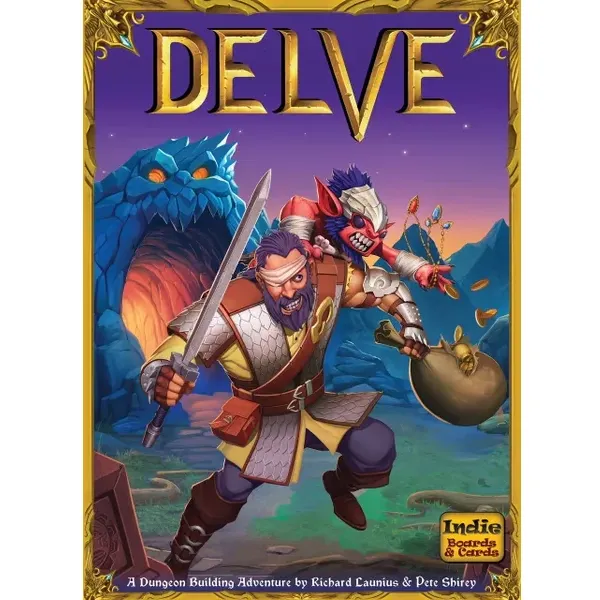 Delve box front showing adventurers fleeing a dragon with treasure from Skull Cavern.