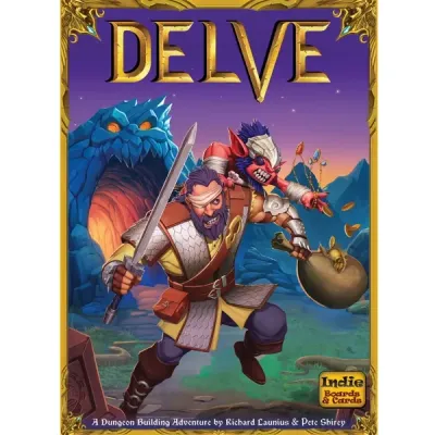 Delve box front showing adventurers fleeing a dragon with treasure from Skull Cavern.