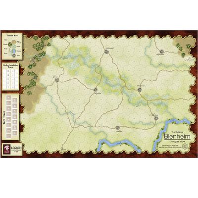 Blenheim, 1704 game map showing the Seven Hex System battlefield layout, terrain key, and turn track.
