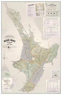 Maori Wars map overview showing North Island regions, terrain tables, victory points, and player aids.