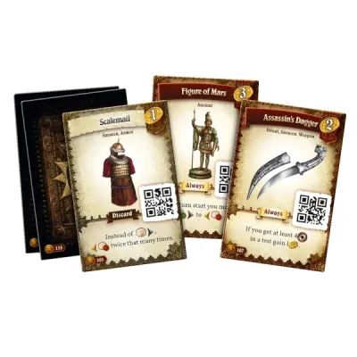 Destinies Sea of Sand item cards with QR codes, including scalemail, Figure of Mars, and Assassin’s Dagger.