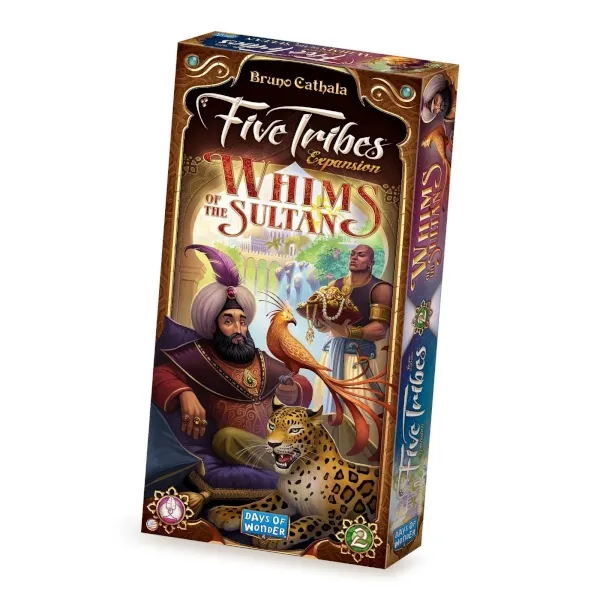 Five Tribes: Whims of the Sultan expansion box with sultan, palace servant, peacock, and leopard artwork.