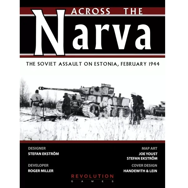 Across the Narva WWII wargame cover with German tank in winter terrain during the Soviet assault on Estonia.