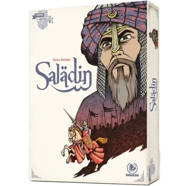 Saladin board game cover with illustrated Saladin portrait and mounted Crusades-era warrior.