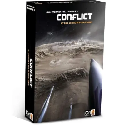High Frontier 4 All: Module 3 – Conflict High Frontier 4 All Module 3 Conflict box front showing spacecraft approaching a developed lunar or planetary surface.